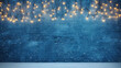 blue brick wall with christmas lights hanging over it
