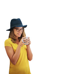 Sticker - Woman, thinking and coffee with fashion and modern style with mug and hot drink with smile. Happy, female person and tea mug or latte with hipster clothes isolated on a transparent, png background