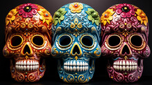 Hand Painted Ceramic Calacas Figurines For Day Of The Dead Isolated On A Gradient Background 