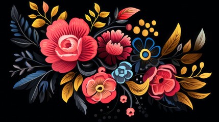 Wall Mural - slightky stylised illustration of flowers isolated on black background, copy space, 16:9