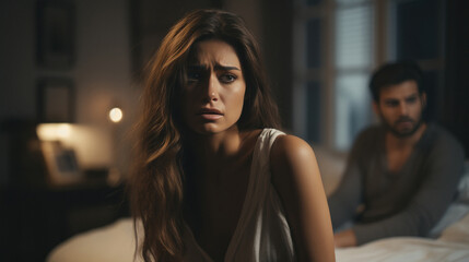 Depressed young woman sitting on bed