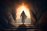 Fototapeta  - Resurrection Of Jesus at empty tomb during sunrise