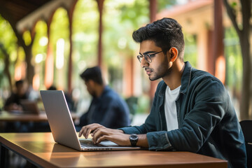 college student using laptop at library