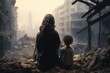 A woman and a child are sitting on a pile of rubble. This image can be used to portray themes of resilience, strength, and rebuilding in the face of adversity