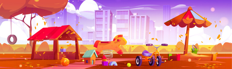 Wall Mural - Kid playground in autumn city park illustration. Fall street landscape with school yard with amusement for children. Outdoor public entertainment activity for kindergarten in nature environment