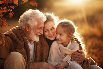 Wall Mural - Meeting of grandfather and grandchildren. An elderly man and his grandchildren are happy together. They hug and rejoice at meeting each other. Caring for the elderly. Children visit old people.