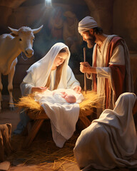 Wall Mural - Nativity scene of the Lord Jesus born in a manger