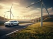 landscape and EV Car or electric power car in front of wind turbines, surrounded by windmills with blue sky
