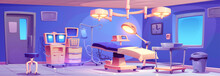 Cartoon Surgery Room Interior With Operation Equipment And Furniture - Medical Operating Table, Surgical Lamp And Instrument, Monitors And Hospital Appliances To Control Patient Health And Condition.
