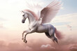 A pink pegasus with sore wings flies above the clouds in the sky