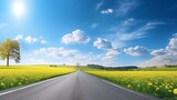 Fototapeta Na sufit - asphalt road panorama in countryside on sunny spring day.. Route in beautiful nature landscape with sun, blue sky, green grass and dandelions