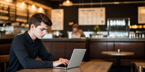 A young man working with a laptop at the coffee shop. Work From Anywhere concept.