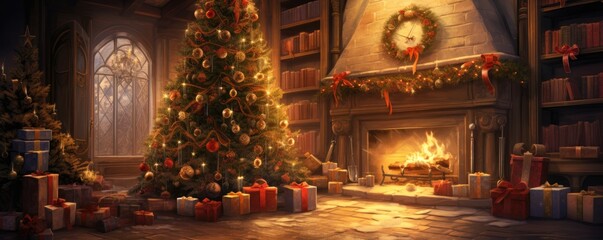 Wall Mural - Christmas tree with decorations Near a blur fireplace in house. Generative ai