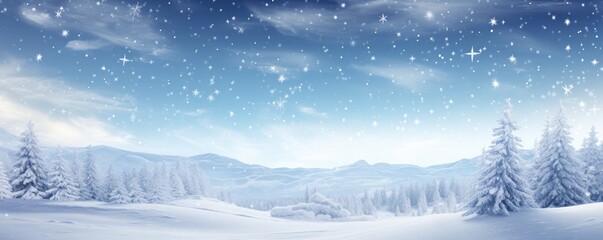 Wall Mural - Christmas. A panoramic view of the covered with frost trees in the snowdrifts. Magical winter forest Generative ai