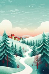 Wall Mural - Christmas banner. Pastel illustration. Winter season landscape with christmas tree and snow. Generative ai