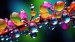 colorful raindrops on a leaf, in the style of colorful realism, dark cyan and light amber. 
