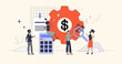 © VectorMine - Financial analysis and planning for company profit retro tiny person concept. Market calculation with investment margin, expenses or company revenue vector illustration. Money optimization analytics.
