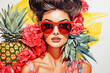 Summer poster with tropical fruits and leaves. Fashion woman and food