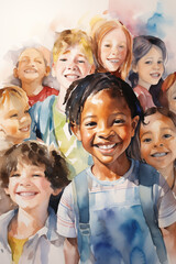 A collage of smiling faces, people of all ages, ethnicities, and backgrounds, coming together to celebrate the beauty of human diversity, watercolour style