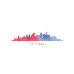 Canberra watercolor cityscape skyline city panorama vector flat modern logo, icon. Australia town emblem concept with landmarks and building silhouettes. Isolated graphic