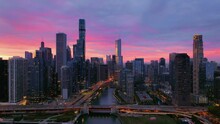 Aerial View Of Chicago River During Sunset