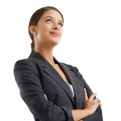 Businesswoman, thinking and confidence or pride as work manager, isolated on transparent png background. Indian person, consultant and thoughts for future growth or company progress, vision or goal