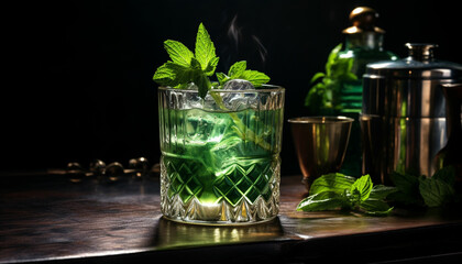 two glasses of green liquid with ice and mint leaves