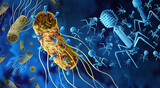 Fototapeta  - Phage and Bacteriophage attacking bacteria as a virus that infects bacteria as a bacterial virology symbol as a pathogen that attacks bacterial infections as a bacteriophages background.