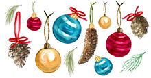 Set Of Christmas Tree Decorations. Large And Small Balls Of Blue, Gold And Crimson Stripes And Pine Cones On Green And Scarlet Ribbons With Bows. Hand-drawn Watercolor Illustration