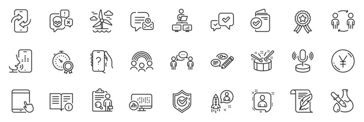 Icons pack as Chemistry experiment, Confirmed and Workflow line icons for app include Work home, Verification document, Feather outline thin icon web set. Voicemail, Winner ribbon. Vector