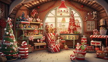 Christmas Shop With Santa Claus And Presents