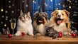 Group of dogs, cat and dog celebrating Christmas at home with Christmas decorations. Pets party concept. Ai generative