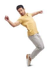 Canvas Print - Dance, balance and man with freedom, energy and performance with comedy and music. Creative, moving and action with confidence of male person and dancer isolated on a transparent, png background