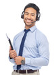 © Shubham/peopleimages.com - Business, crm help and Asian man portrait with telemarketing job and work at call center. Person, networking and happy with sale communication and talking isolated on transparent, png background