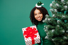 Merry Smiling Little Kid Teen Girl Wearing Hat Casual Clothes Posing Hold Christmas Tree Gift Present Box Isolated On Plain Green Background Studio Portrait Happy New Year Celebration Holiday Concept