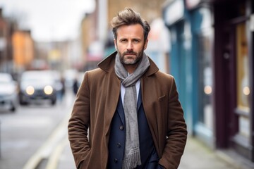 Portrait of a handsome middle-aged man wearing a coat and scarf.