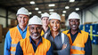 Professional diverse multiethnic warehouse worker team. Industrial people and manufacturing labor concept.

