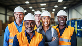 Fototapeta  - Professional diverse multiethnic warehouse worker team. Industrial people and manufacturing labor concept.

