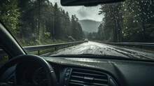 Interior Shot Of A Car Driving Through The Rain
