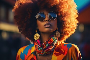 Wall Mural - Beautiful stylish African American woman wearing sunglasses, bright multi-colored hair and beautiful bright clothes