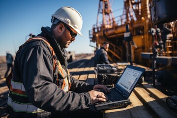 Operator use mobile tablet for control drilling rig for exploration of minerals for oil, gas and artisan water