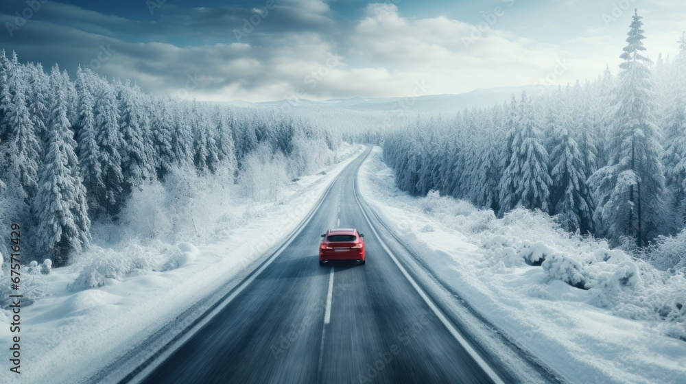 Red car driving on winding road through snowy forest, toning blue ...