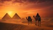 ourist man with hat riding on camel background pyramid of Egyptian Giza, sunset Cairo,