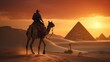 © sirisakboakaew - ourist man with hat riding on camel background pyramid of Egyptian Giza, sunset Cairo,