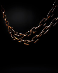 Rusted old iron chain isolated on a black background.