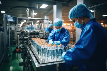 Worker man and woman control brewery production line.