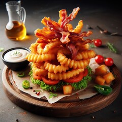 Wall Mural - Bacon with french fries snack dish plate concept fastfood food