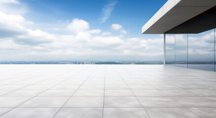 Poster - Empty square floor with cityscape and skyscraper in blue cloud sky background. High quality photo