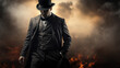 © PaulShlykov - Man in a black top hat and cloak. Demonic image. Magician illusionist. Smoke background