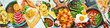 Collage. Set of food and dishes on a white table. Assortment of prepared dishes in plates.